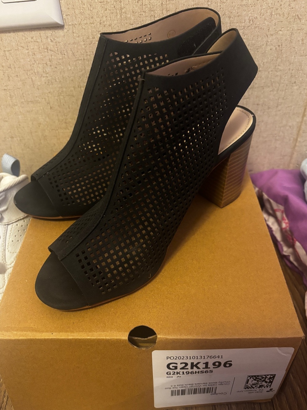 Black Perforated Peep-Toe Block Heel Slingback